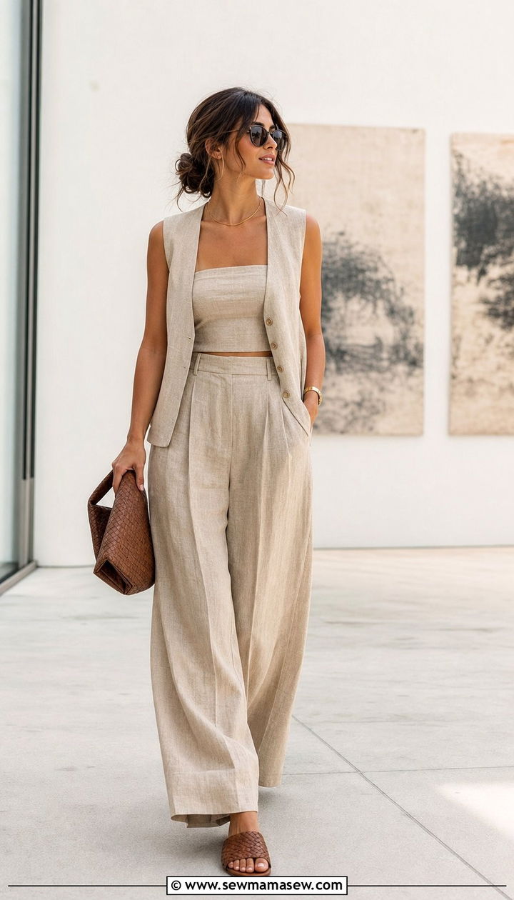 Linen vest and trouser co ord with woven slides - 25 spring summer 2026 outfits inspo