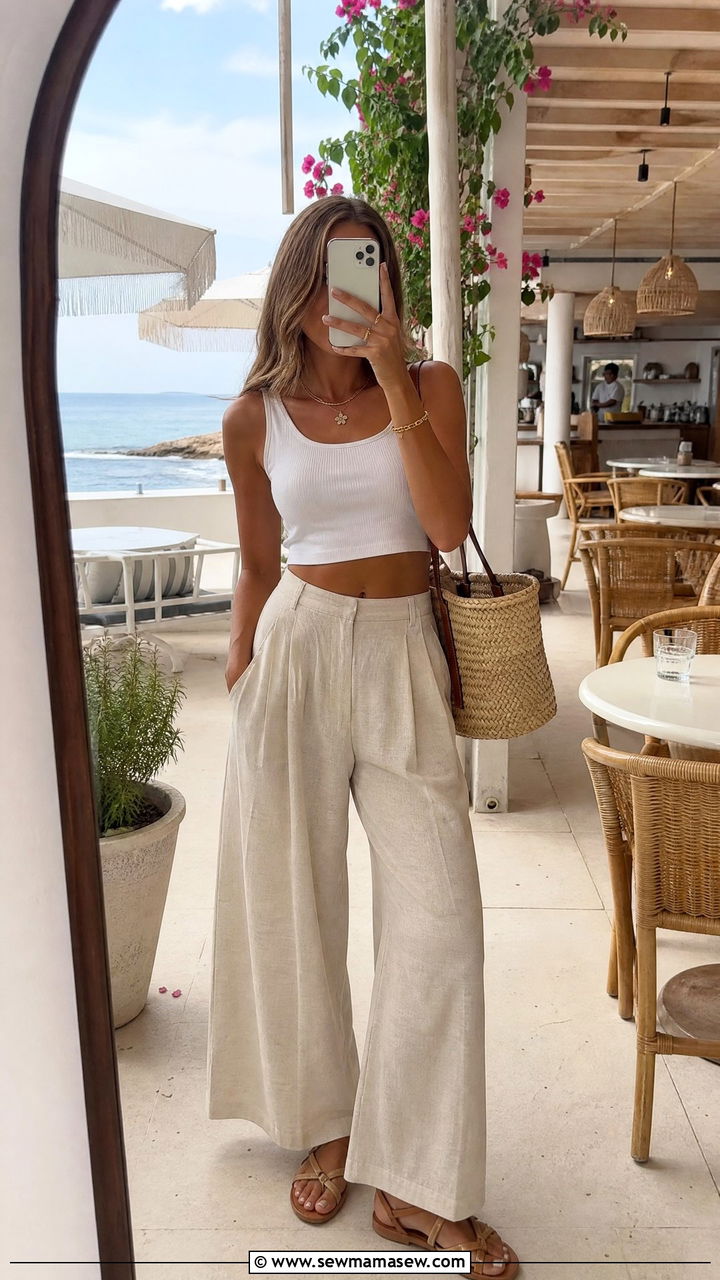 Linen wide leg pants and cropped tank top outfit - 30 Summer outfit ideas for teens