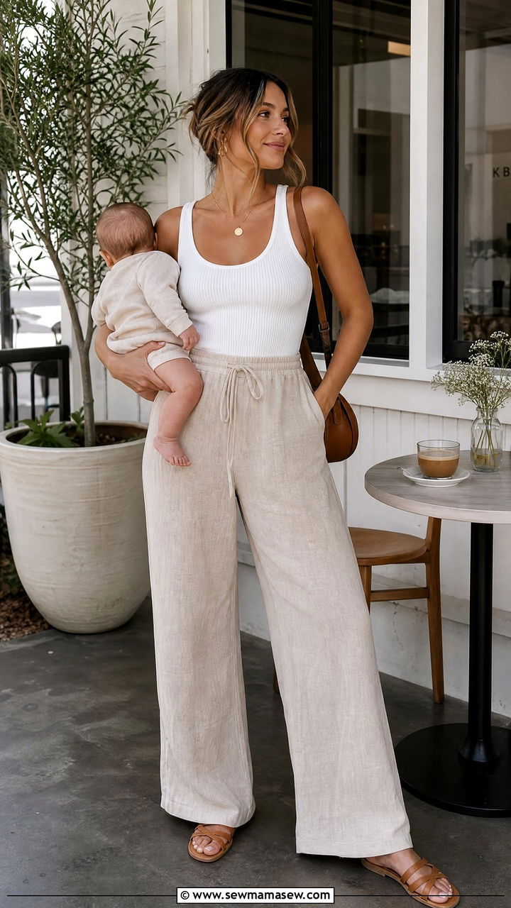 Linen wide leg pants and ribbed tank - 30 Summer outfit ideas for new mom