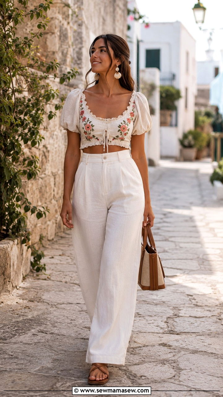 Linen wide leg pants with cropped blouse - 30 Honeymoon outfit ideas