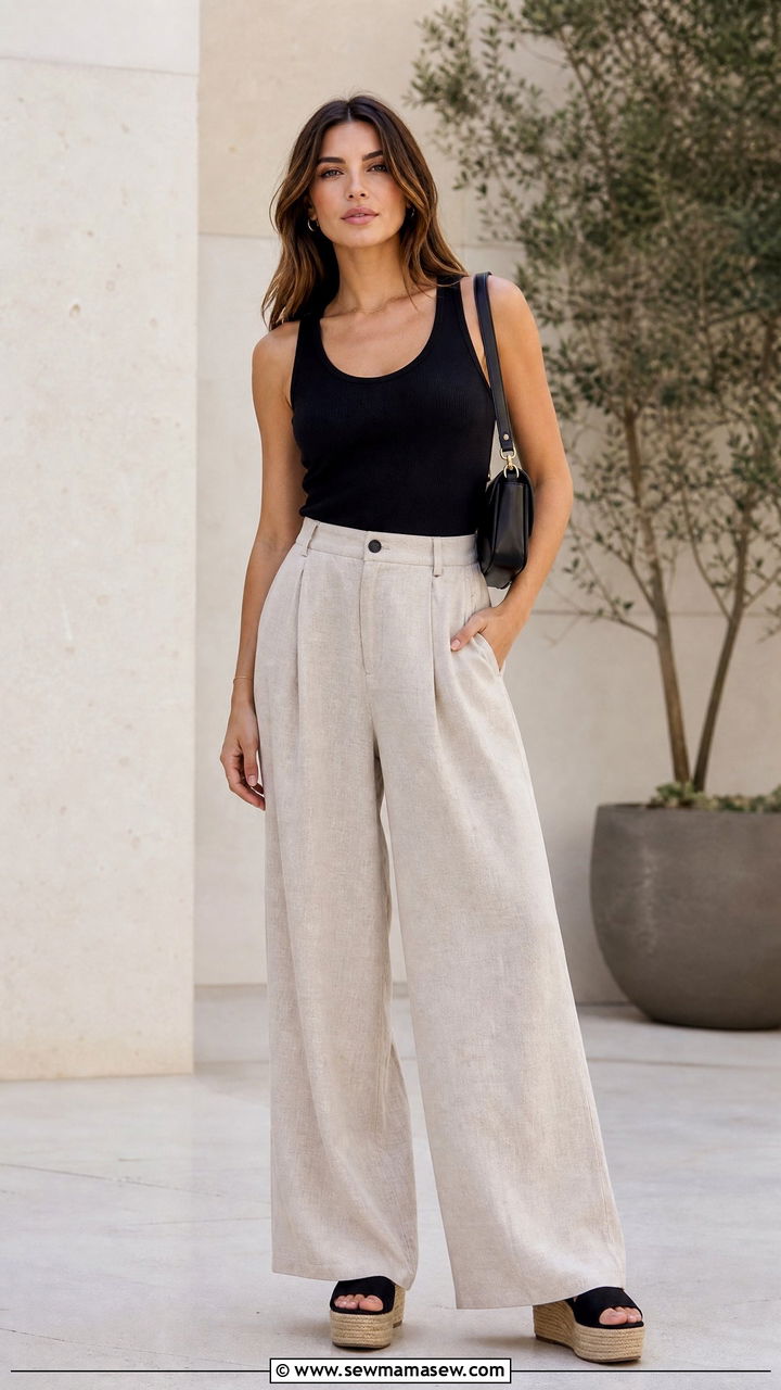 Linen wide leg pants with wedge sandals - 30 summer outfits with wedge sandals