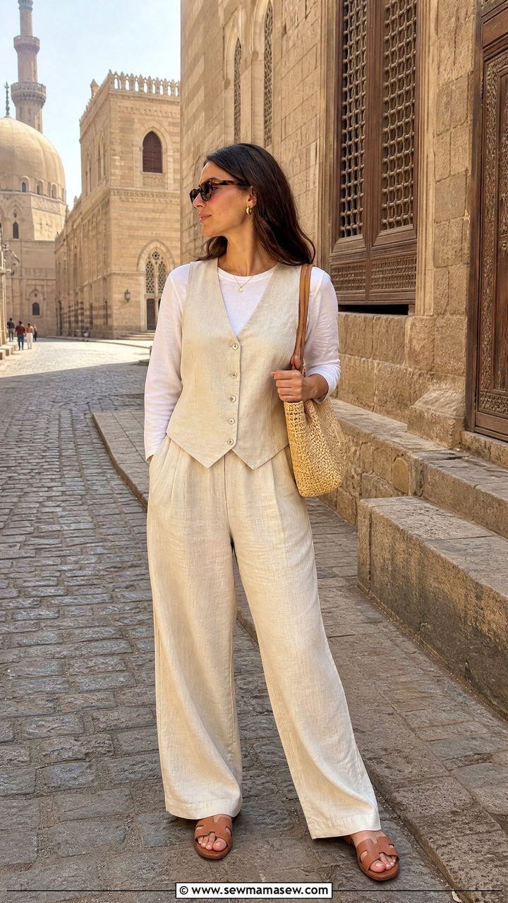 Linen wide leg trousers with sleeveless button down vest outfit - 25 Cairo outfit ideas