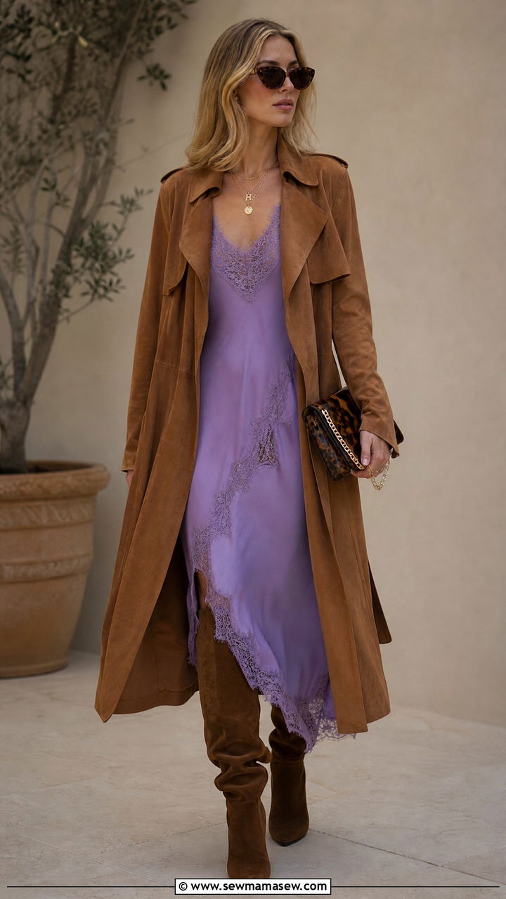 Lingerie Style Slip Dress With a Suede Trench Coat - 25 Chloé boho outfit ideas