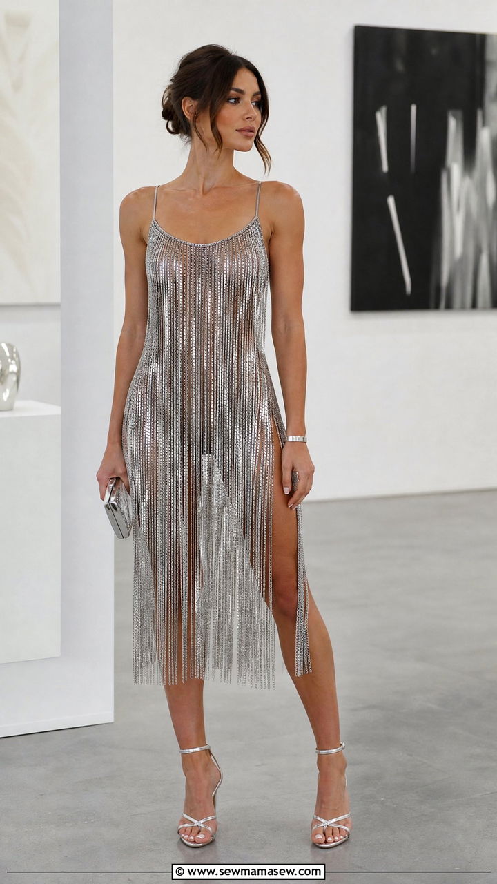 Liquid Metal Fringe Dress Look - 30 Fashion trends 2026 outfits