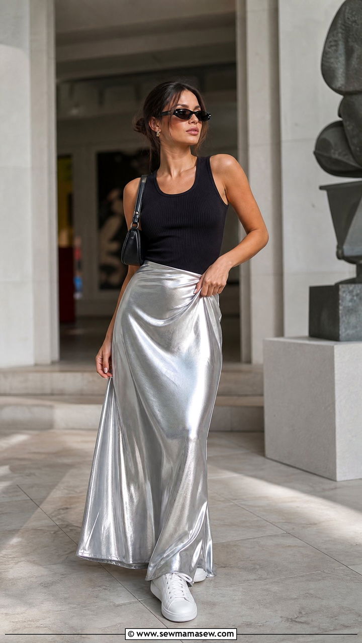 Liquid Metal Maxi Skirt With Fitted Tank - 30 streetwear outfits 2026