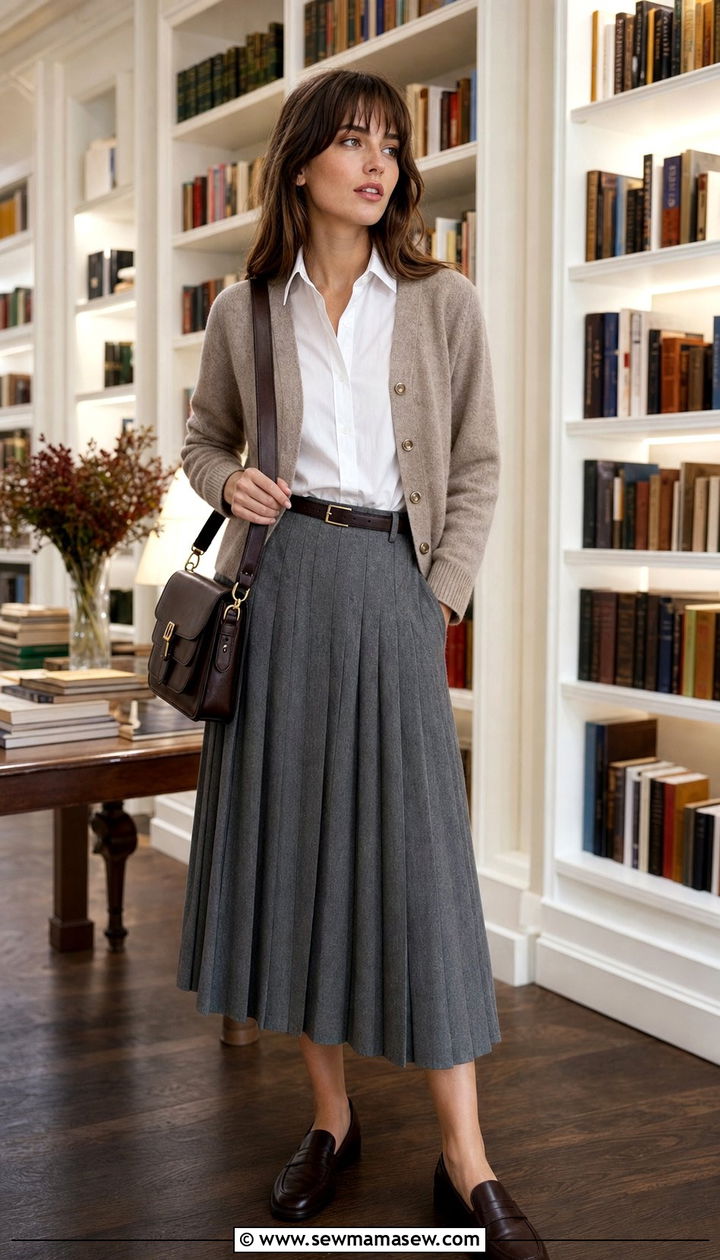 Literary Chic Pleated Skirt and Cardigan Outfit - 25 spring outfits 2026 women trends