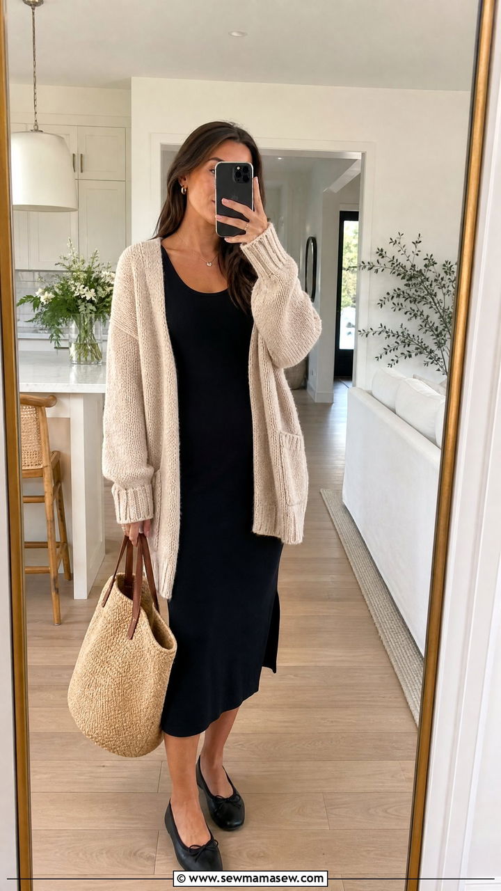 Little Black Dress With Cozy Cardigan And Ballet Flats - 35 little black dress outfit ideas