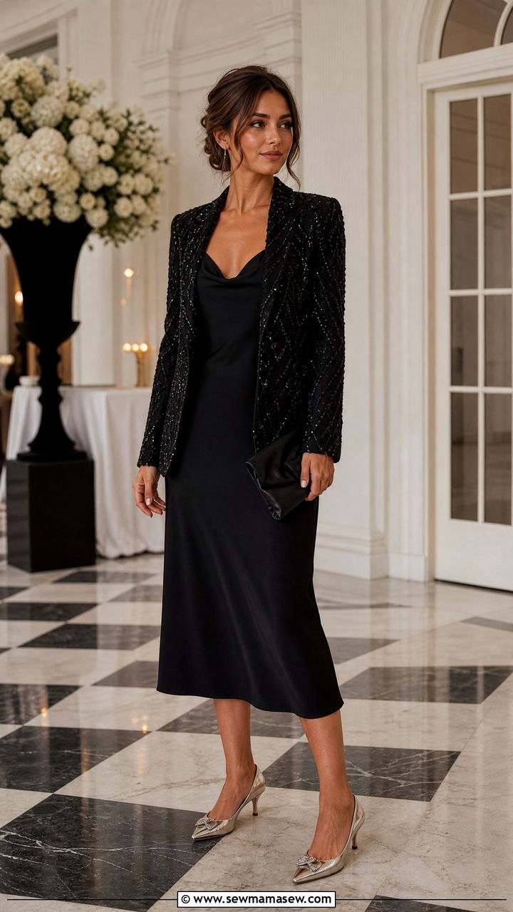 Little Black Dress With Embellished Blazer And Kitten Heels - 35 little black dress outfit ideas