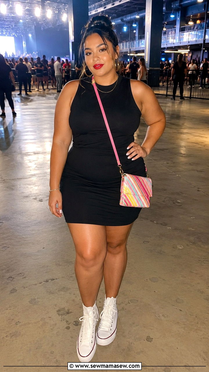 Little Black Dress With High Top Sneakers And Crossbody Bag - 30 Plus size concert outfit ideas