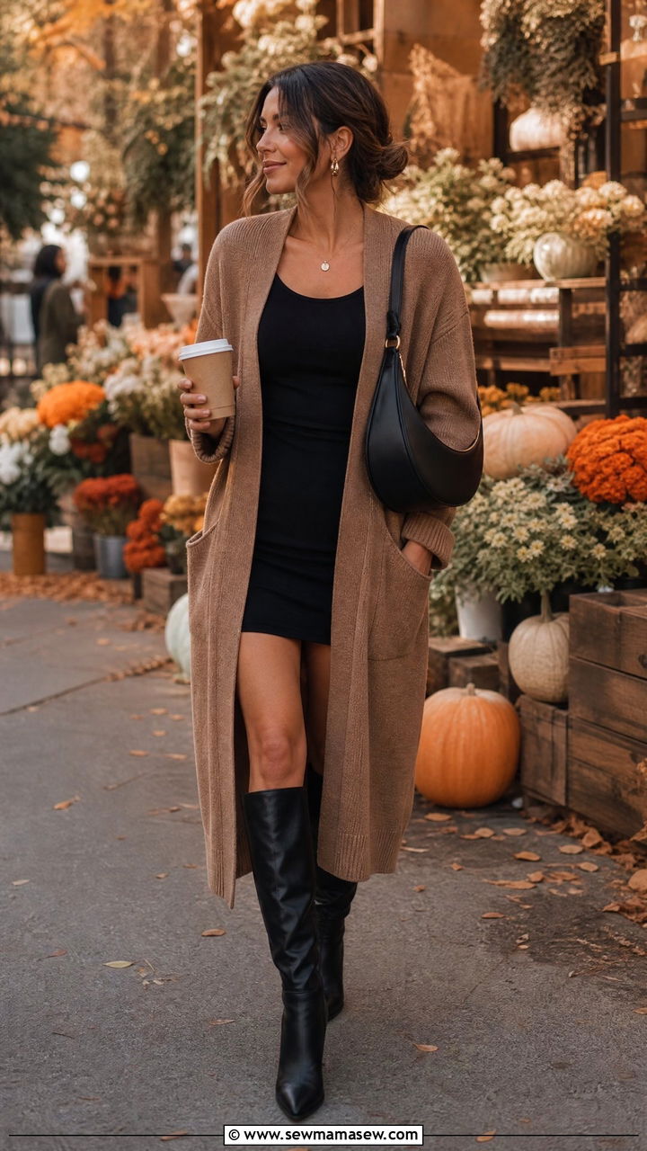 Little Black Dress With Longline Cardigan And Knee High Boots - 35 little black dress outfit ideas