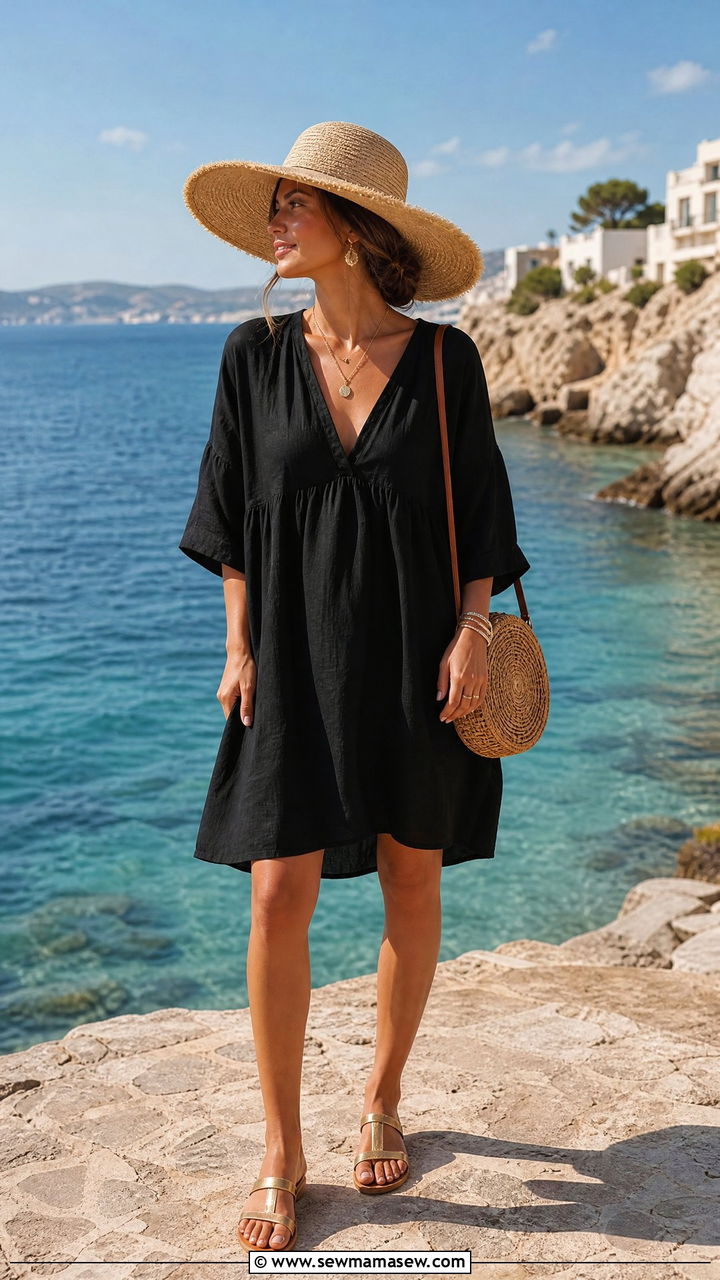 Little Black Dress With Metallic Sandals And Oversized Sunhat - 35 little black dress outfit ideas