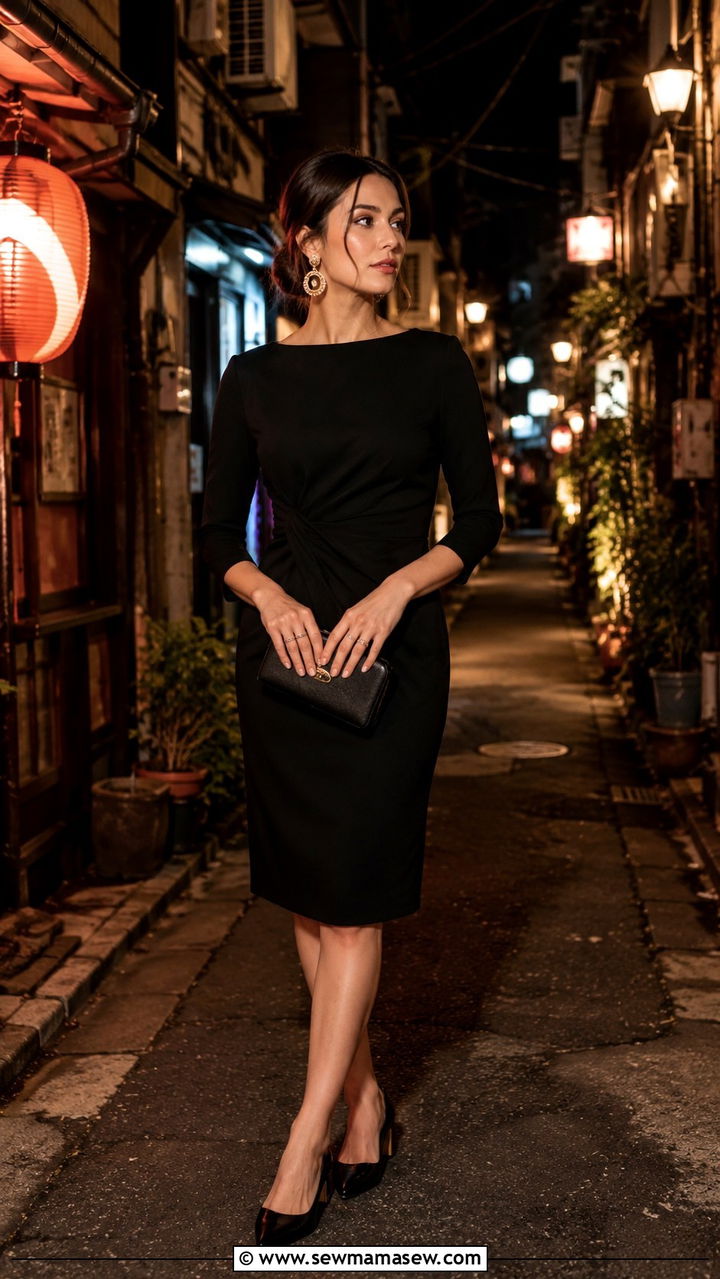 Little Black Dress With Statement Earrings And Low Heels - 30 Tokyo vacation outfit ideas
