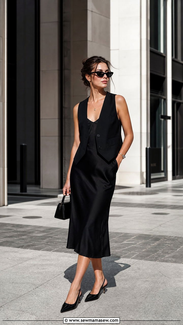 Little Black Dress With Tailored Vest And Slingback Heels - 35 little black dress outfit ideas