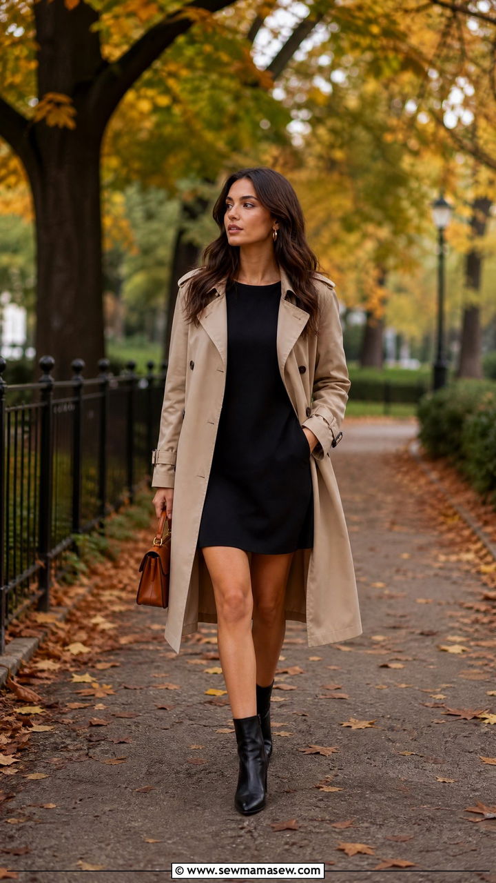 Little Black Dress With Trench Coat And Ankle Boots - 35 little black dress outfit ideas
