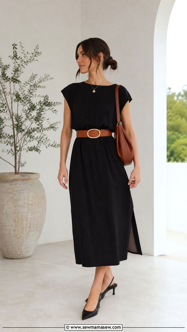 Little Black Dress With Wide Belt And Slingback Heels - 35 little black dress outfit ideas