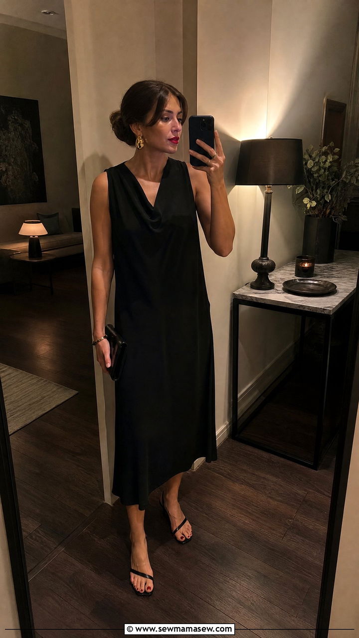 Little Black Dress with Kitten Heels and Statement Earrings - 35 French girl summer outfit ideas