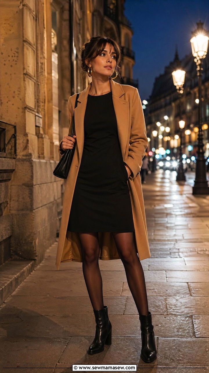 Little Black Dress with Sheer Tights and Block Heels - 35 french girl outfits for women