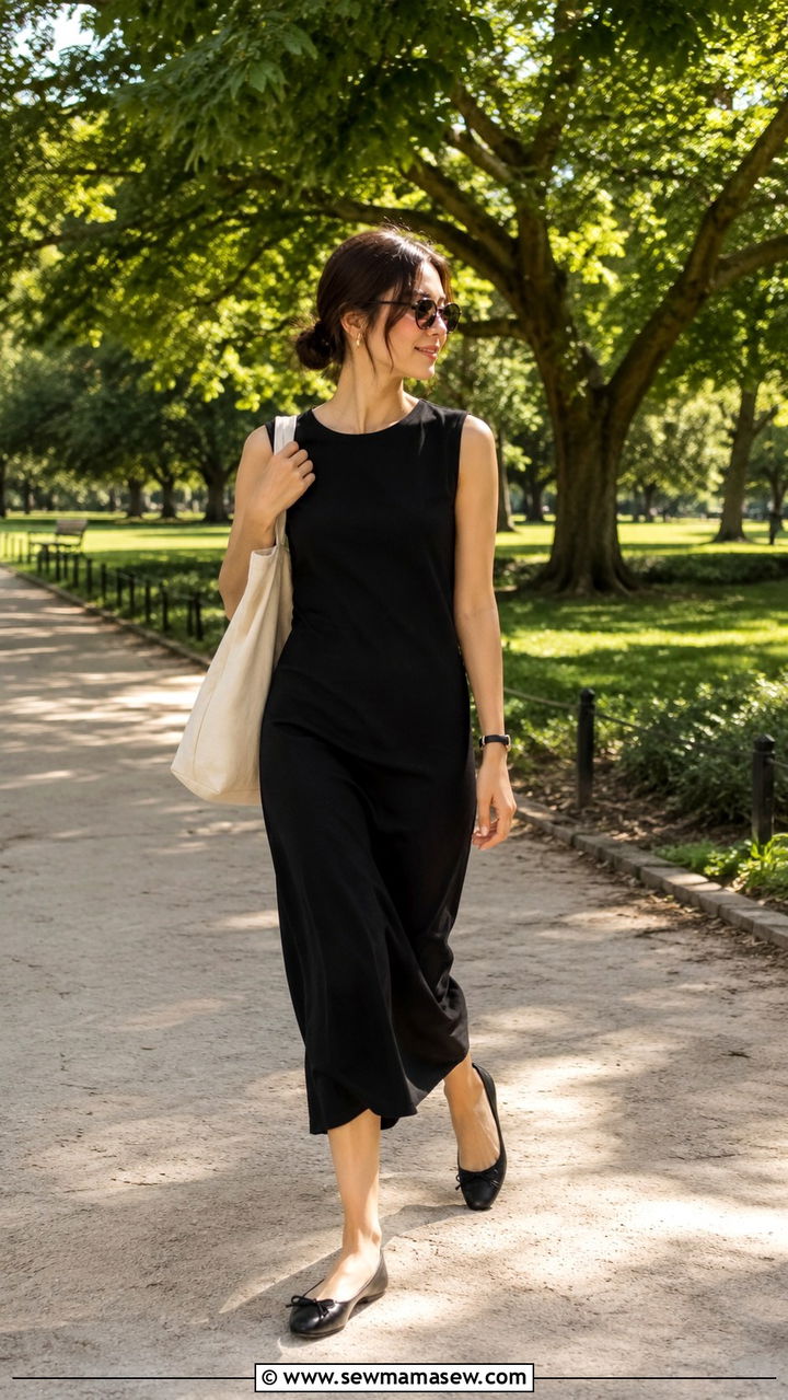 Little Black Midi Dress With Sleek Flats - 30 casual minimalist outfits