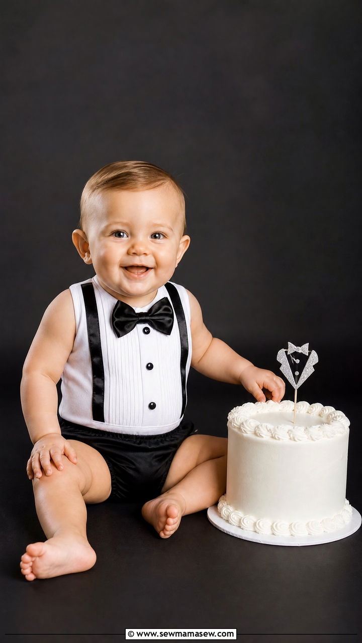 Little Gentleman Tuxedo Romper Cake Smash Outfit - 25 Cake smash outfit ideas
