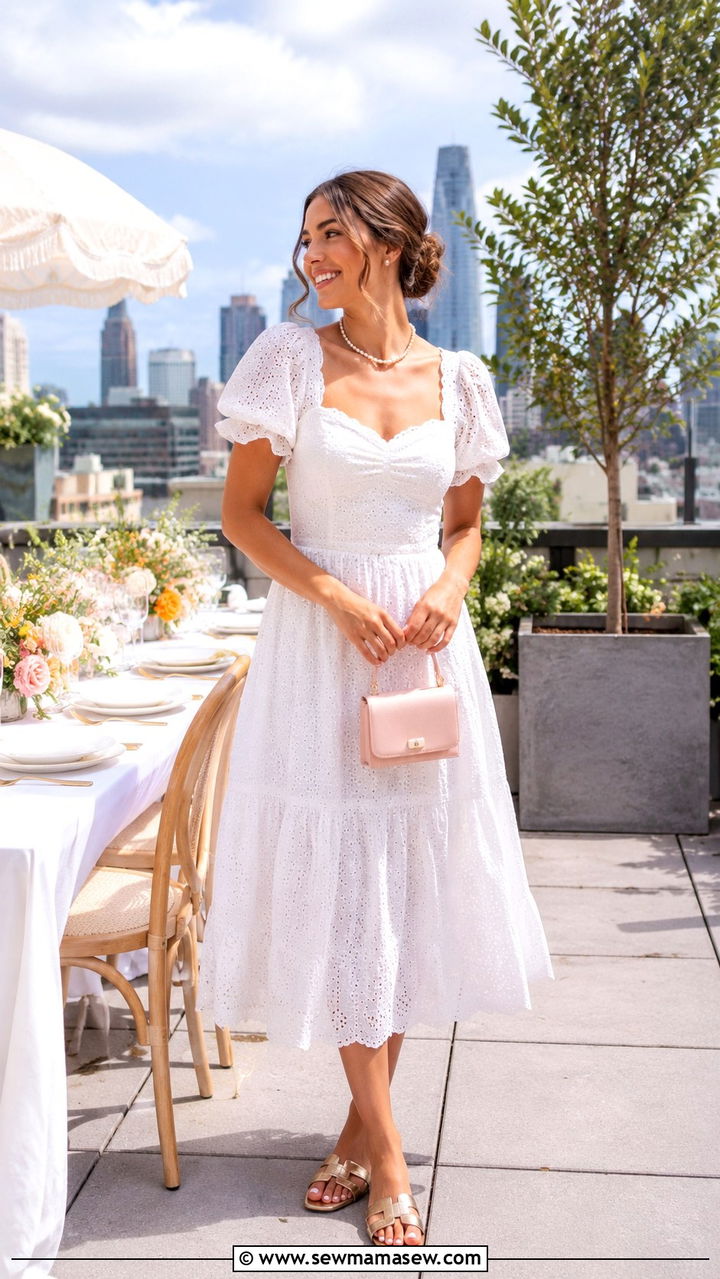 Little White Dress With Metallic Sandals - 25 seasonal bridal shower outfit ideas