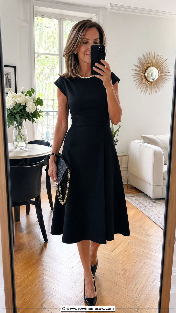 Little black dress with pearls and classic heels - 35 French girl outfit ideas for women over 50