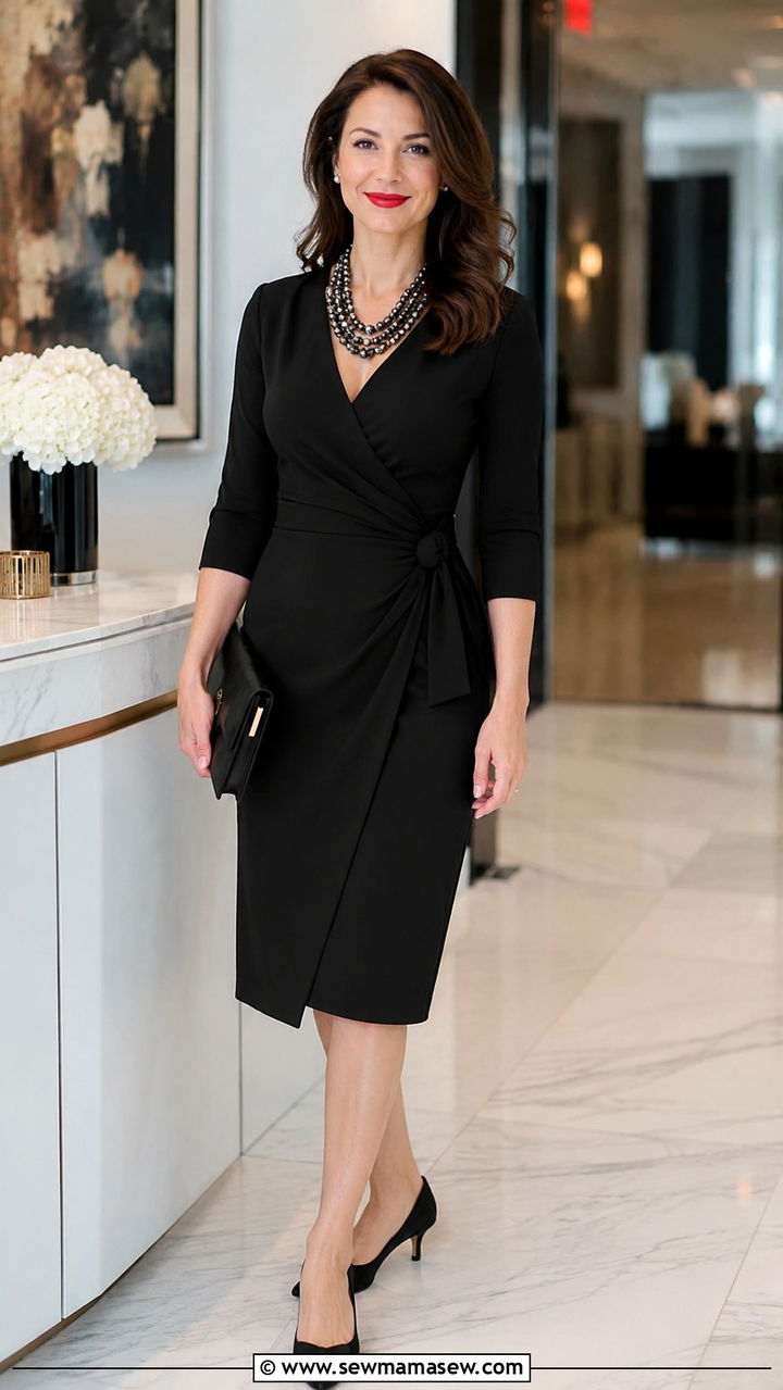Little black dress with statement necklace - 25 work outfits for postpartum women