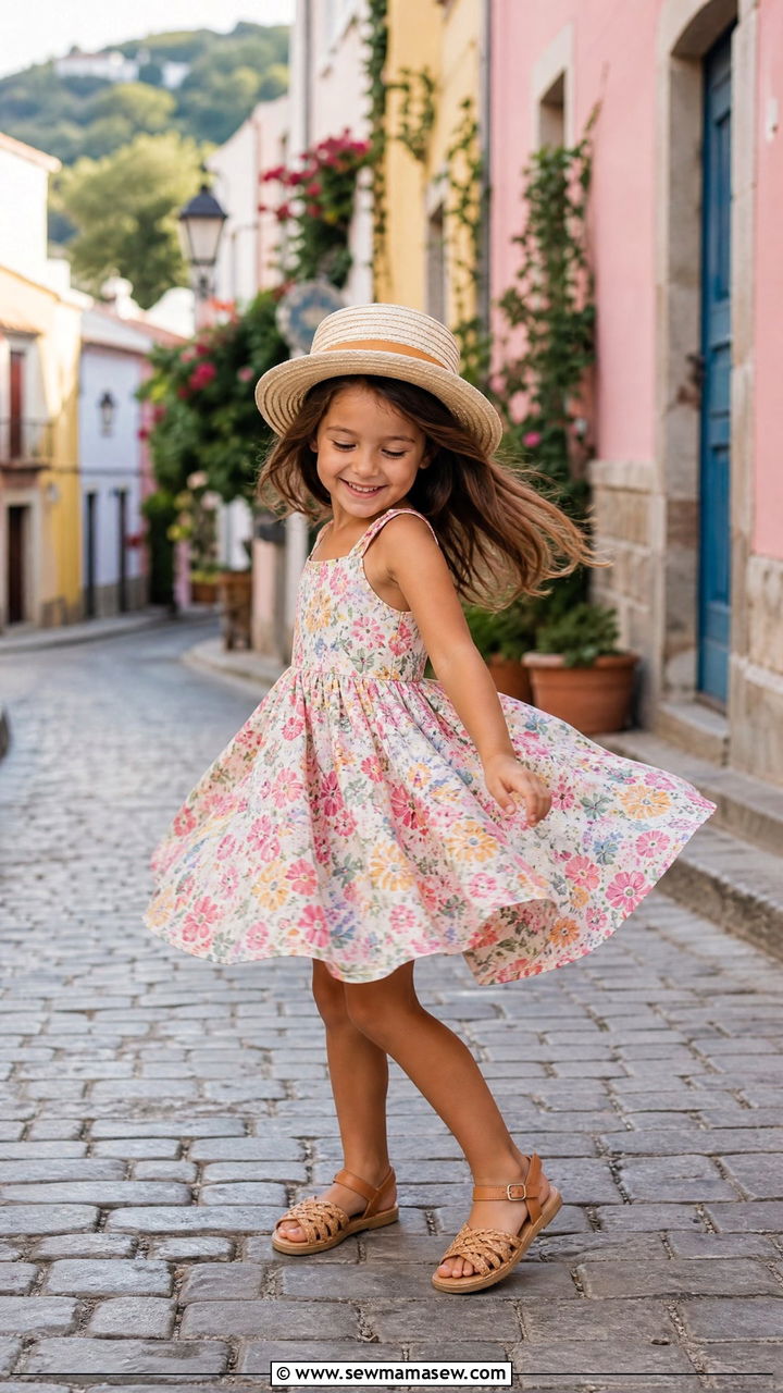 Little girl floral sundress with woven sandals vacation outfit - 30 Kids vacation outfit ideas