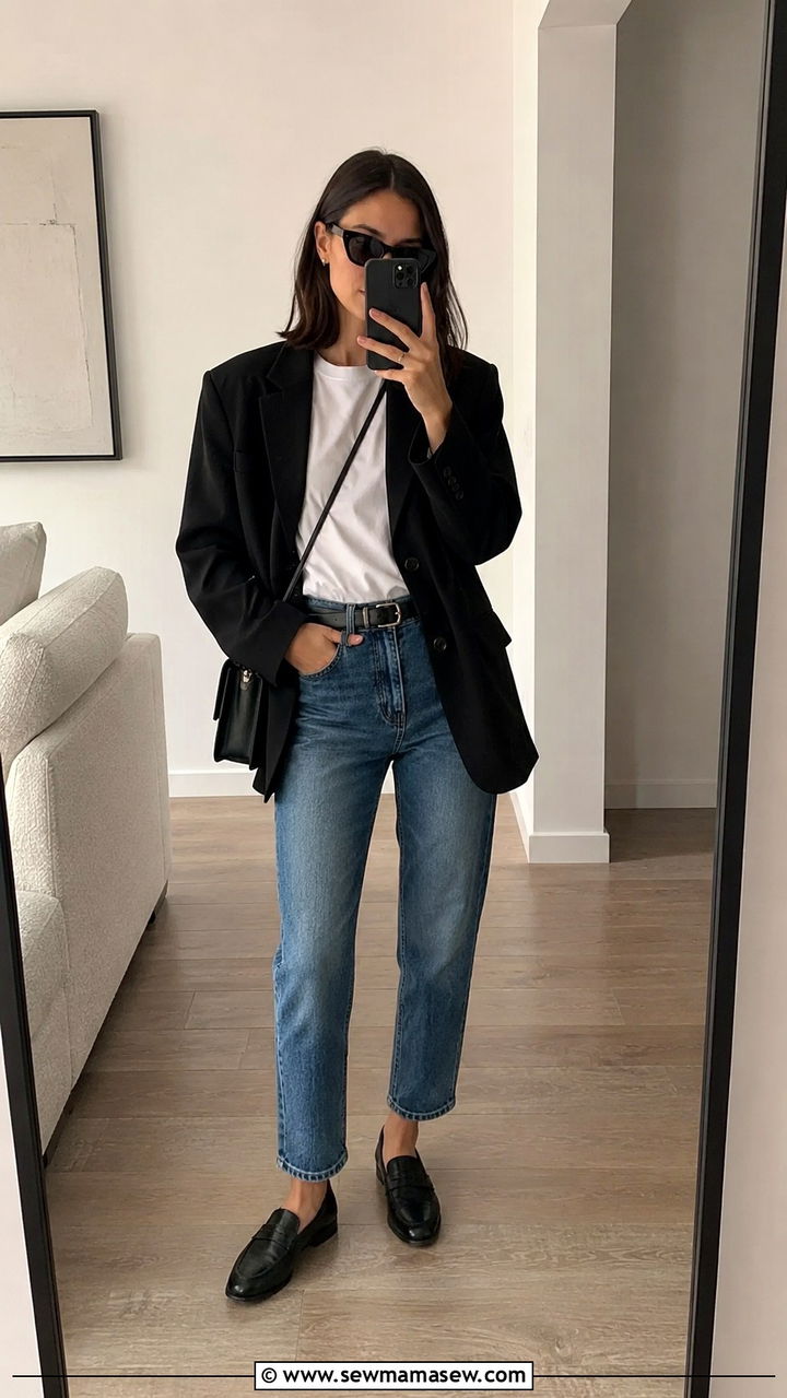 Lived in high waisted jeans with white tee and oversized blazer - 25 Petite French girl outfit ideas