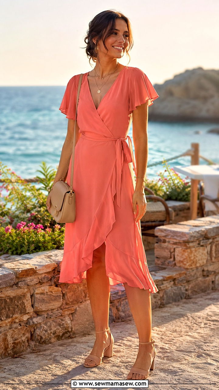 Living Coral Wrap Dress Outfit - 30 Pantone color of the year outfit ideas