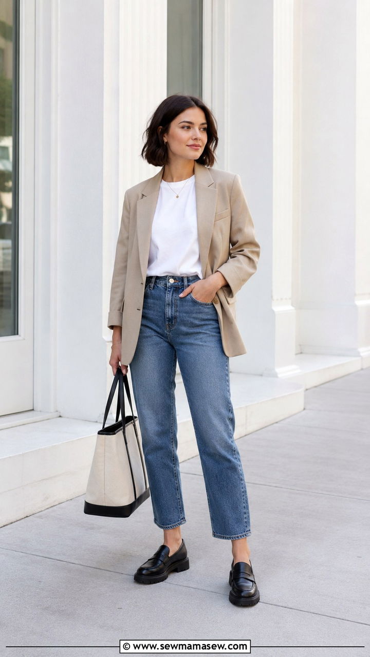Loafers With Straight Leg Jeans And Blazer - 30 transitional petite outfit ideas
