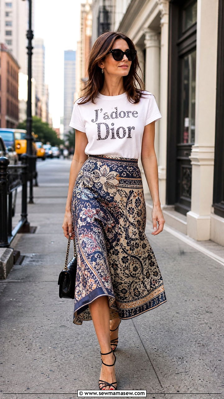 Logomania Tee and Printed Skirt Carrie Bradshaw Outfit - 35 maximalist outfits