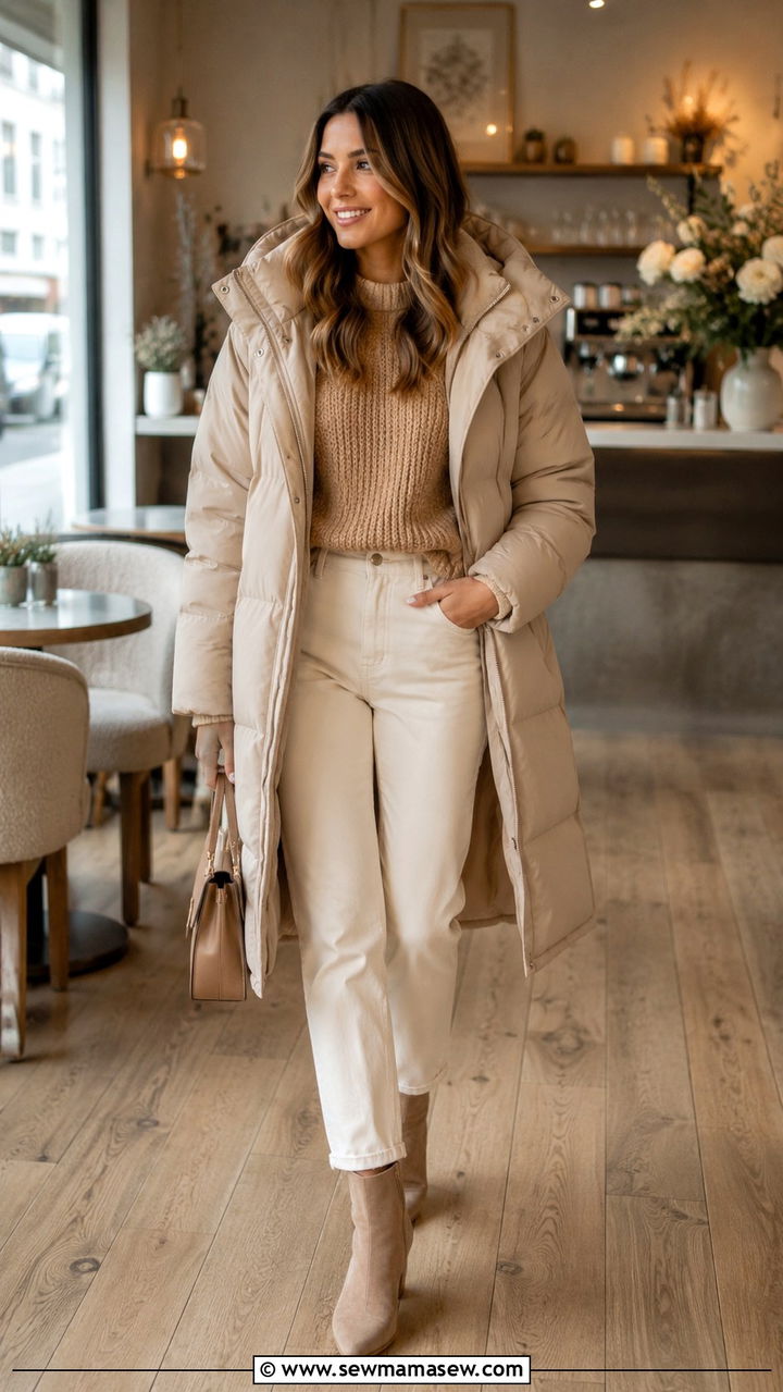 Long Beige Puffer Coat with Tonal Neutrals - 30 Long puffer coat outfit ideas