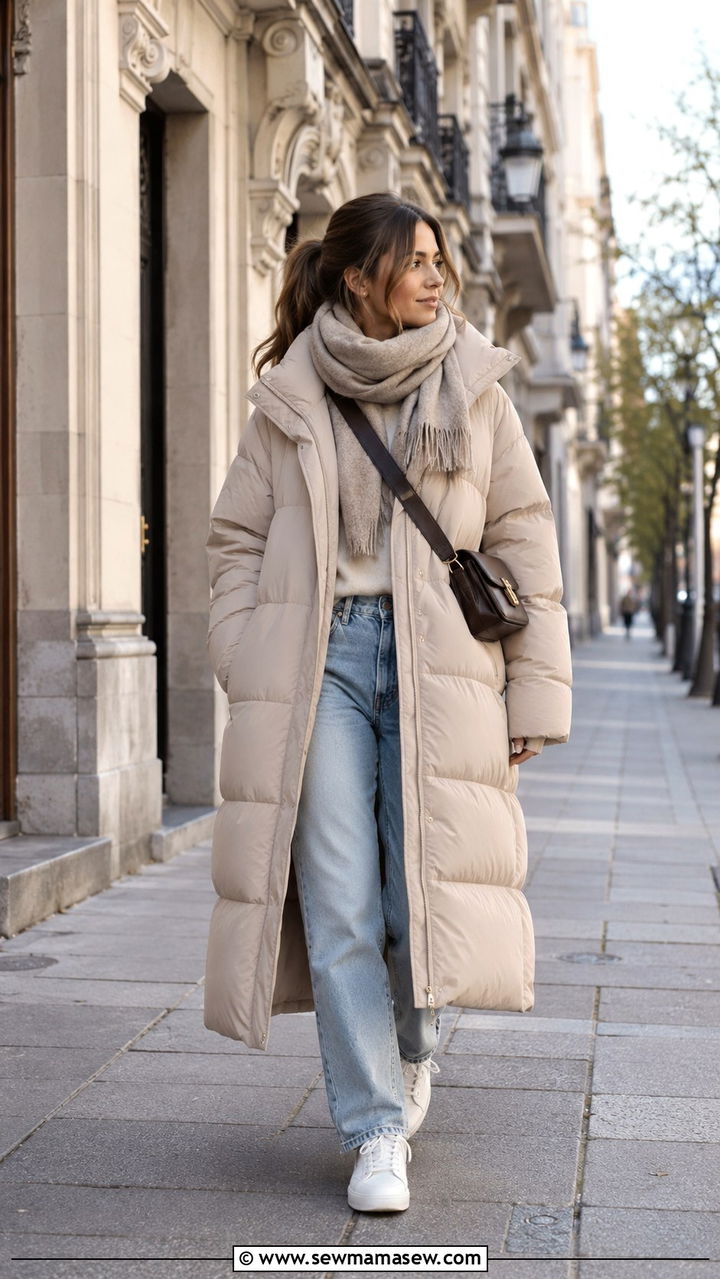 Long Beige Puffer With Light Blue Jeans And White Sneakers - 25 Puffer jacket outfit ideas cute