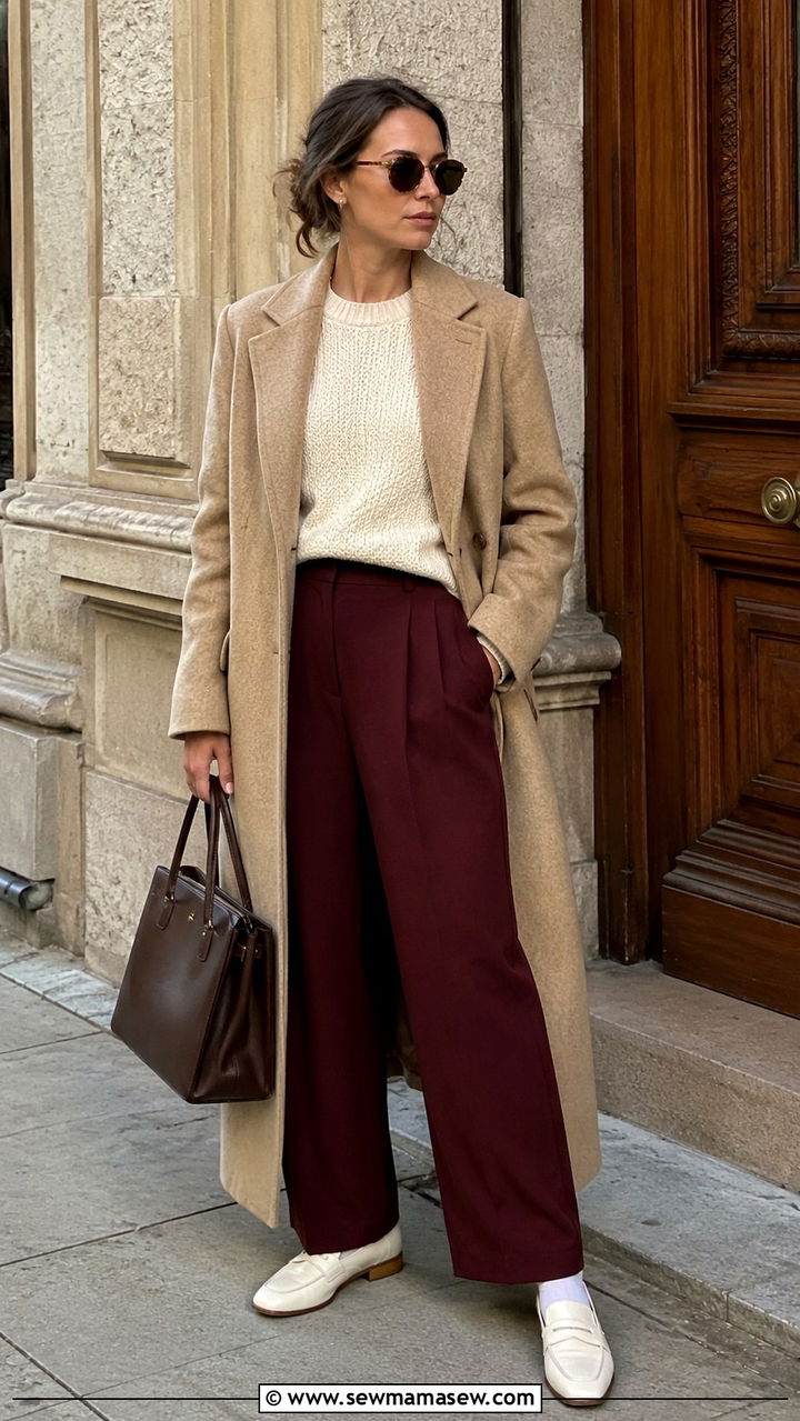 Long Beige Wool Coat With Cream Knit and Burgundy Wide Leg Trousers - 20 Eclectic grandpa outfit ideas women