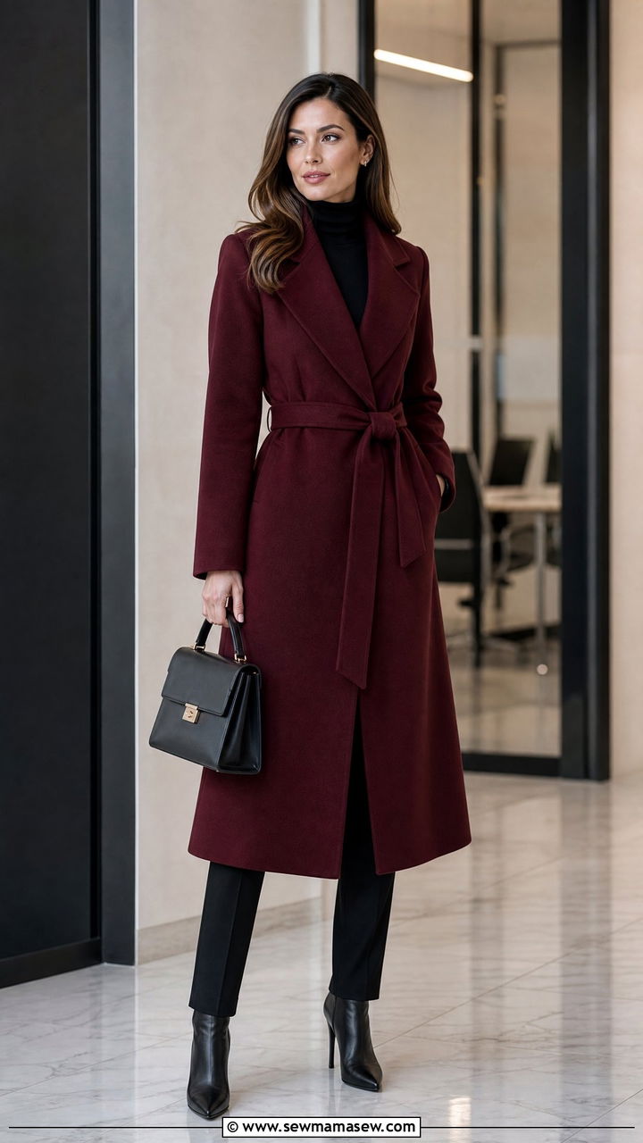 Long Belted Coat with Fitted Turtleneck and Slim Trousers - 35 Long coat outfit ideas