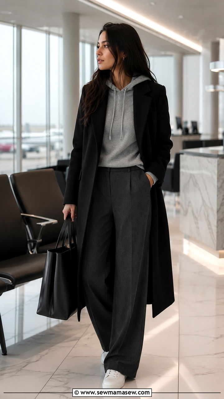 Long Black Coat With Grey Cashmere Hoodie And Charcoal Trousers - 20 Quiet luxury The Row dupes outfit ideas