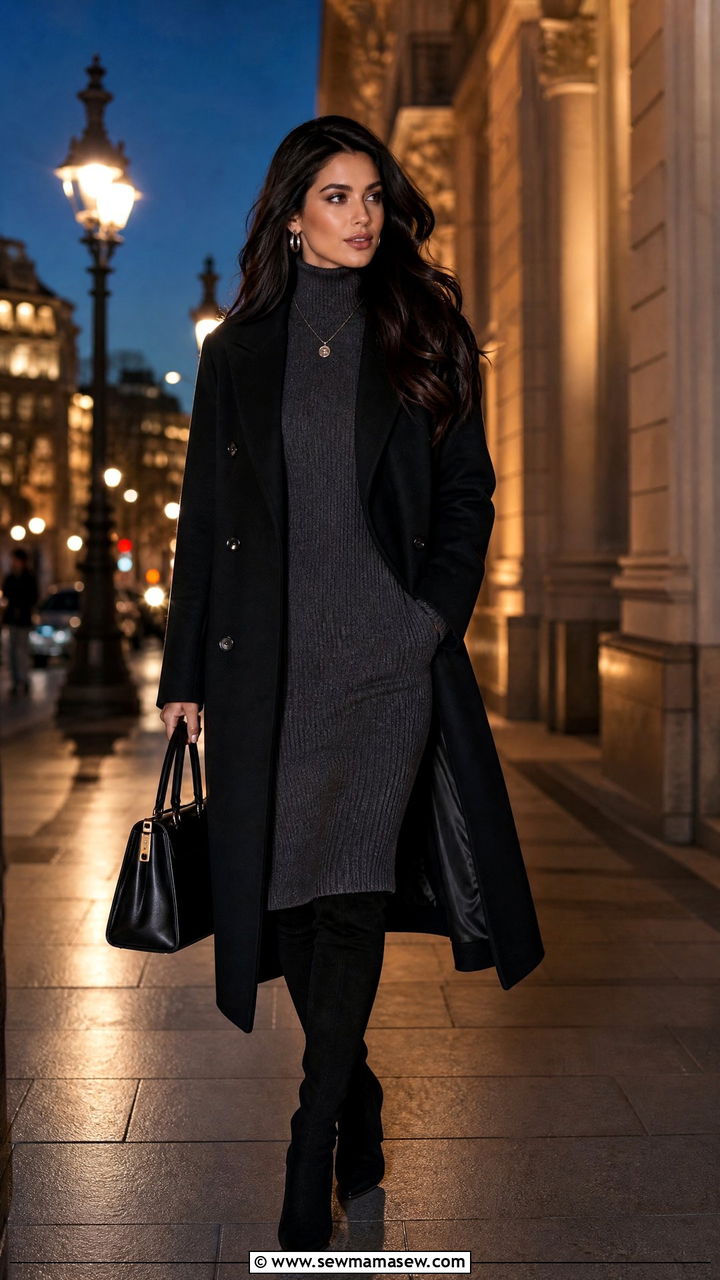 Long Black Coat with Sweater Dress and Over the Knee Boots - 35 Long coat outfit ideas