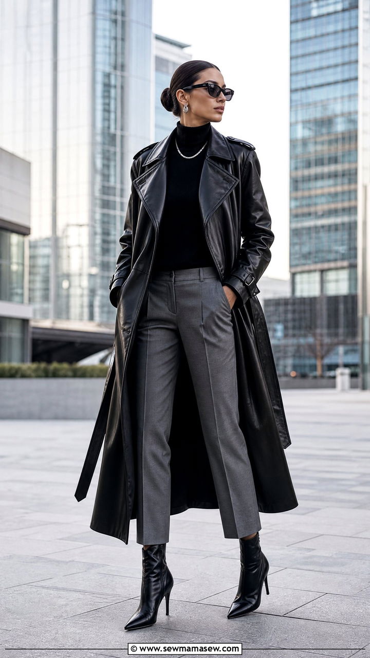 Long Black Leather Trench Coat with Turtleneck and Pointed Boots - 35 Long coat outfit ideas