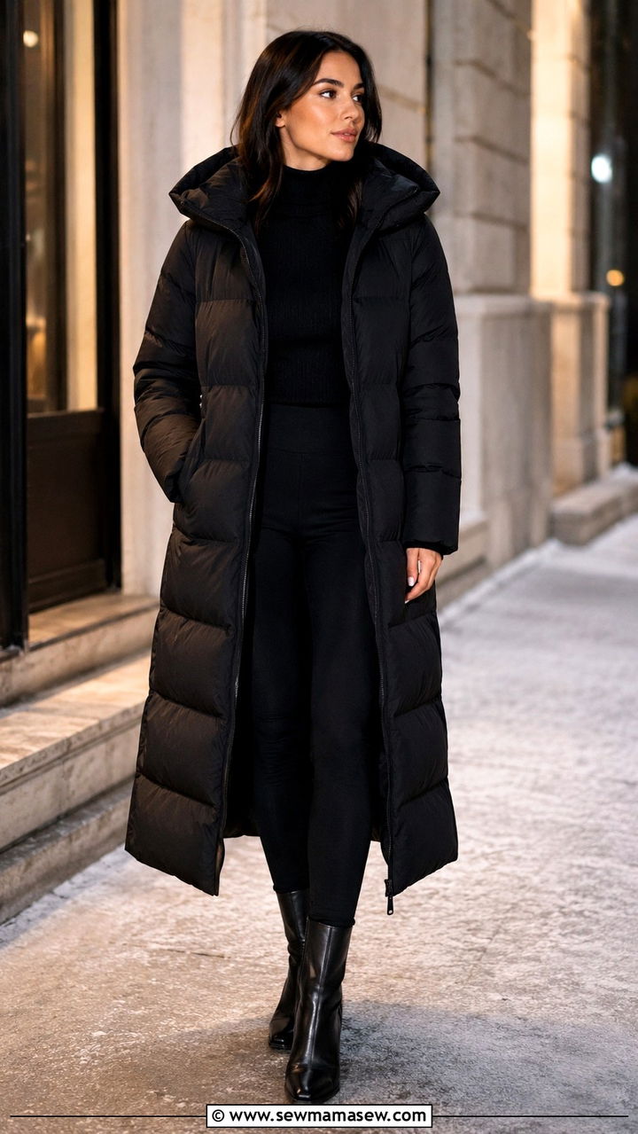 Long Black Puffer Coat with All Black Outfit - 30 Long puffer coat outfit ideas