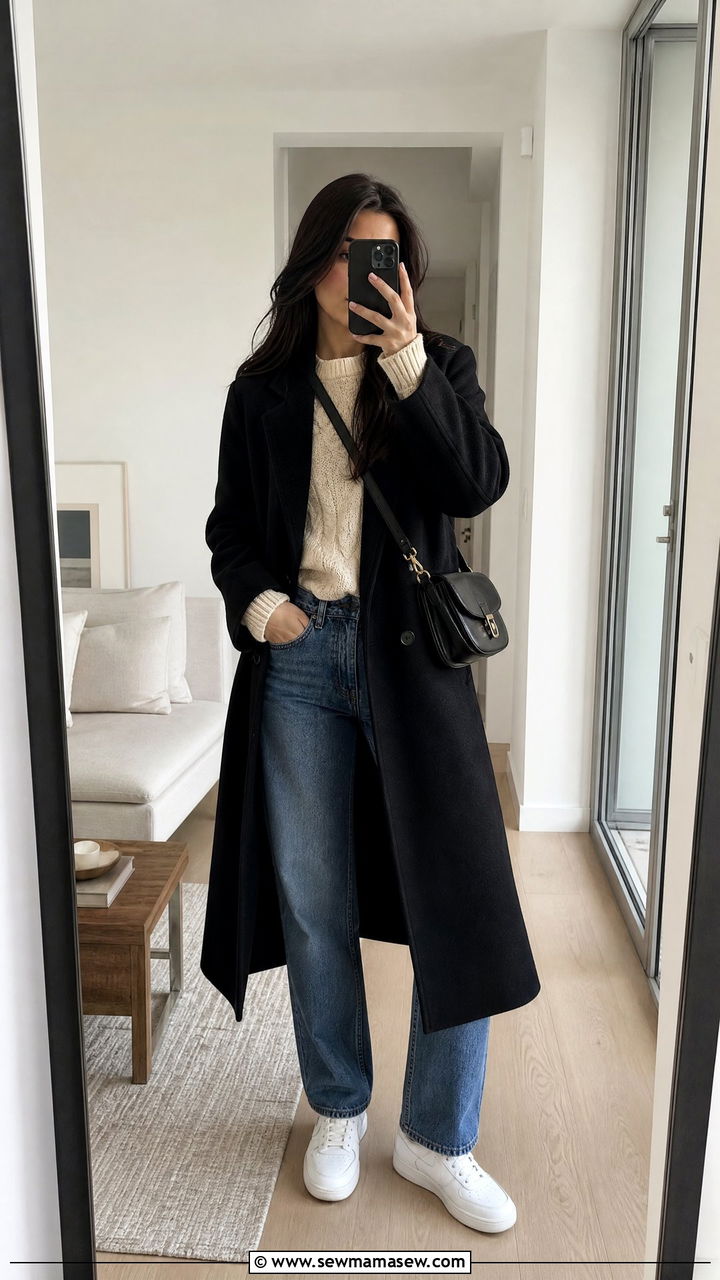 Long Black Wool Coat with Cream Sweater and Blue Jeans - 35 Long coat outfit ideas