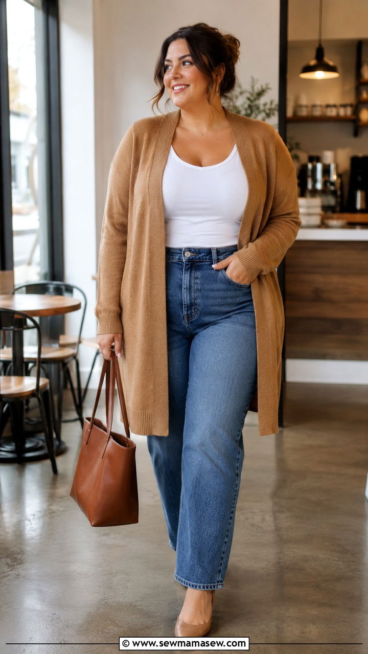 Long Camel Cardigan With High Rise Jeans - 30 Plus size outfit ideas 2026