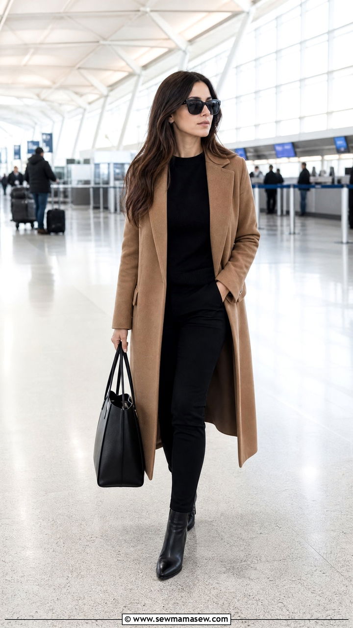 Long Camel Coat and All Black Base - 30 Cute airport outfits