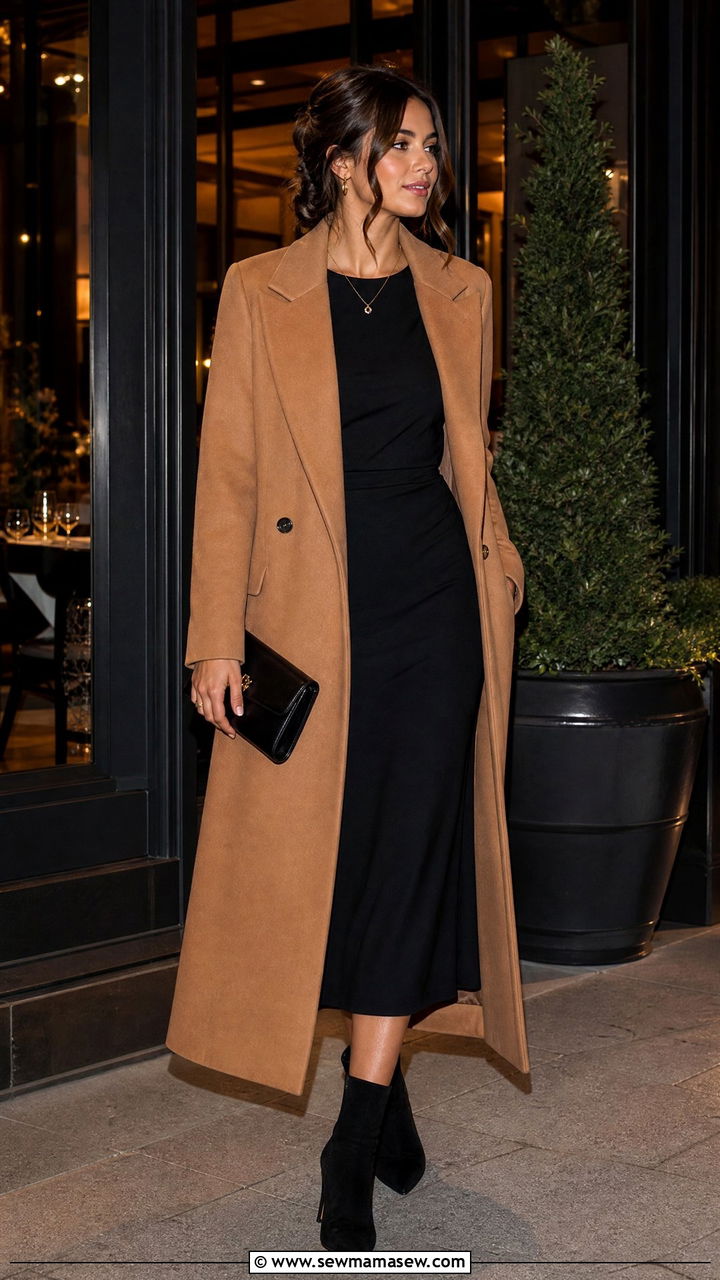 Long Camel Coat with Black Midi Dress and Heeled Boots - 35 Long coat outfit ideas