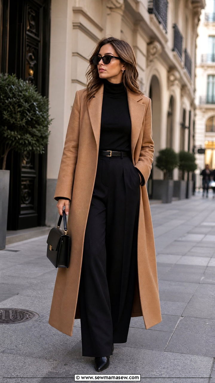 Long Camel Coat with Black Turtleneck and Wide Leg Trousers - 35 Long coat outfit ideas