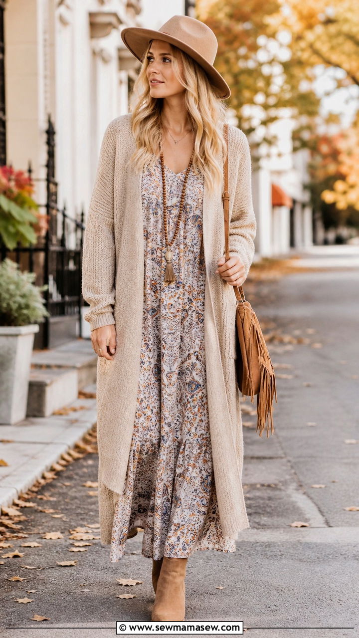 Long Cardigan Duster Over a Maxi Dress - 40 Bohemian outfit ideas