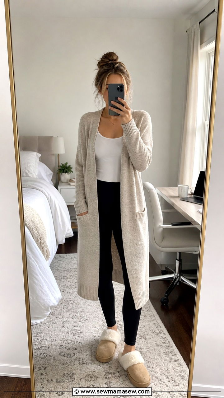Long Cardigan Layered Over Tank And Leggings Outfit - 40 Work from home outfit ideas