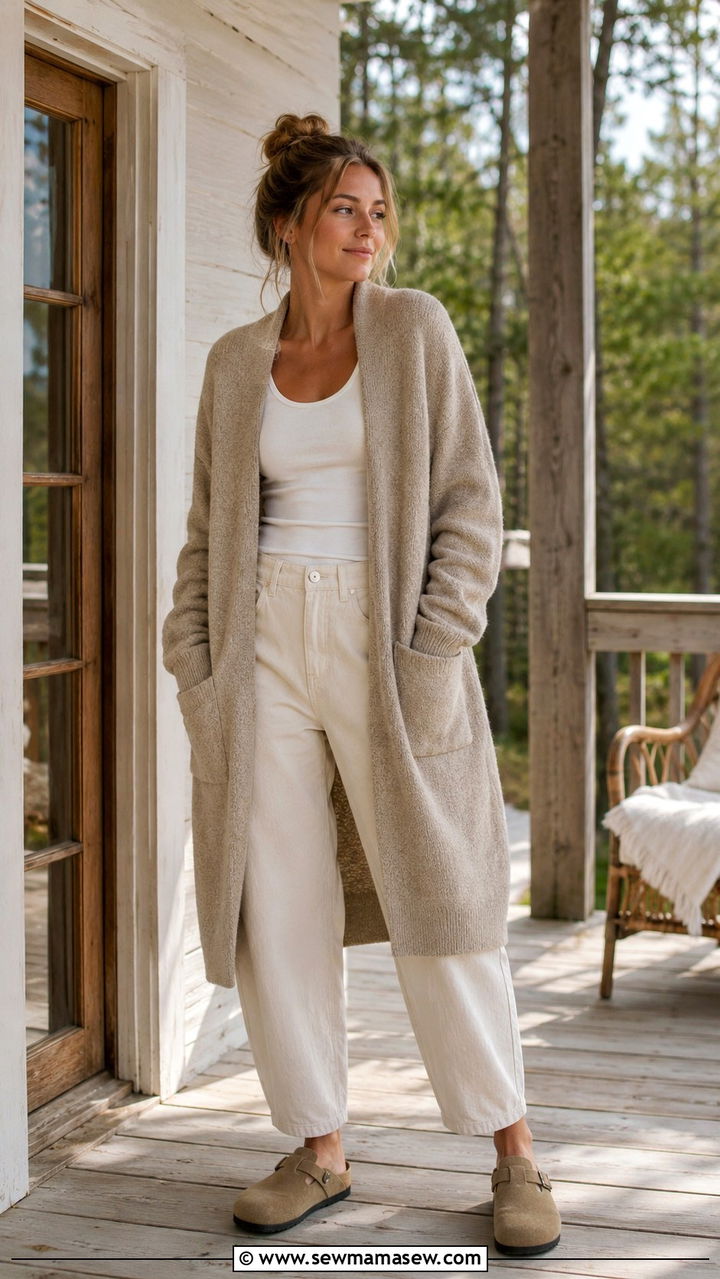 Long Cardigan Outfit with Tank Top Barrel Jeans and Clogs - 30 Spring cabin weekend outfits