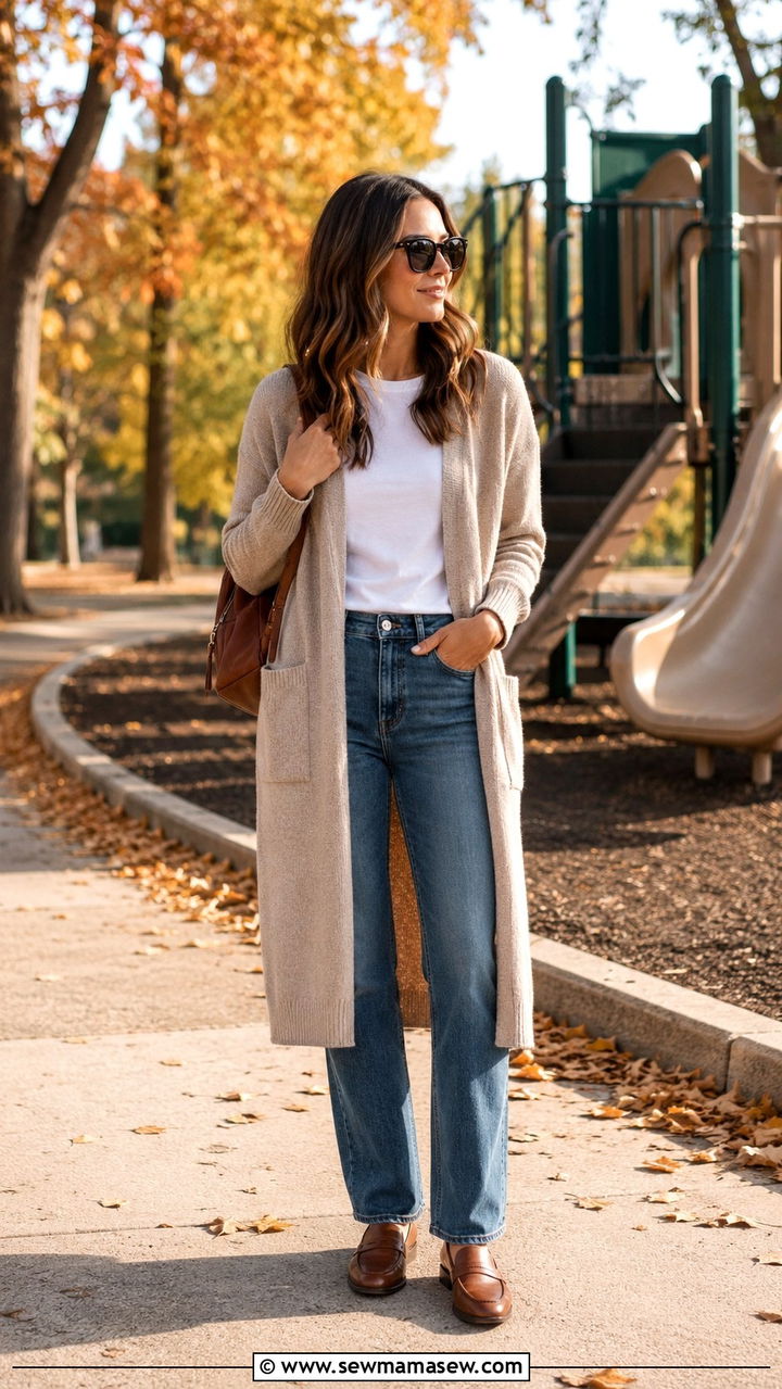Long Cardigan Over Basic Tee and Straight Leg Jeans - 25 Playground outfit ideas for moms