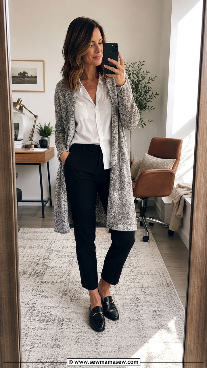 Long Cardigan Over Button Down and Trousers - 25 Work outfits for pear shape