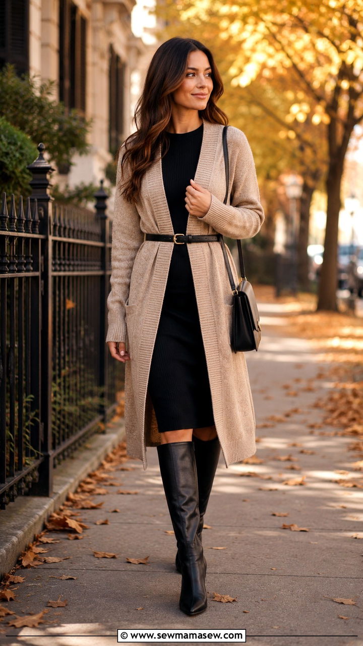 Long Cardigan Over Fitted Dress with Belt - 25 Outfits that slim the waist